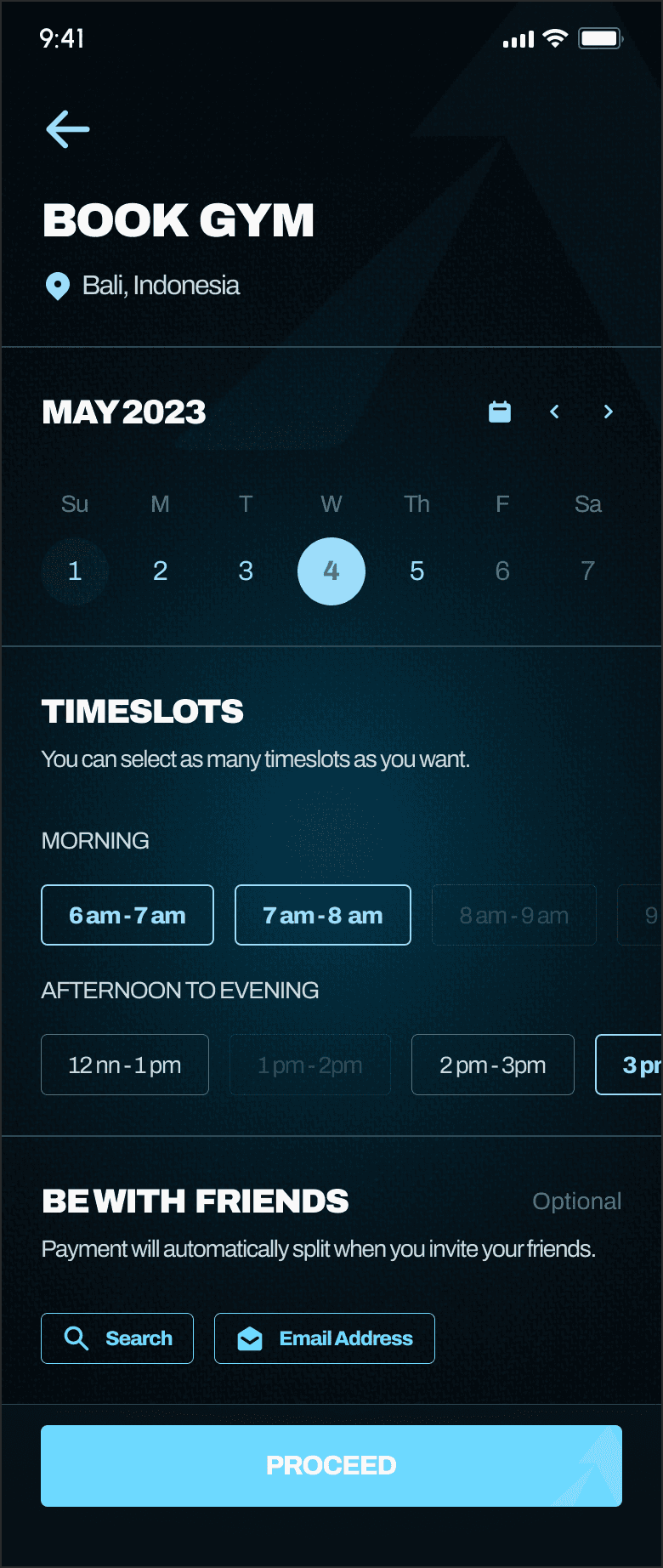Booking screen