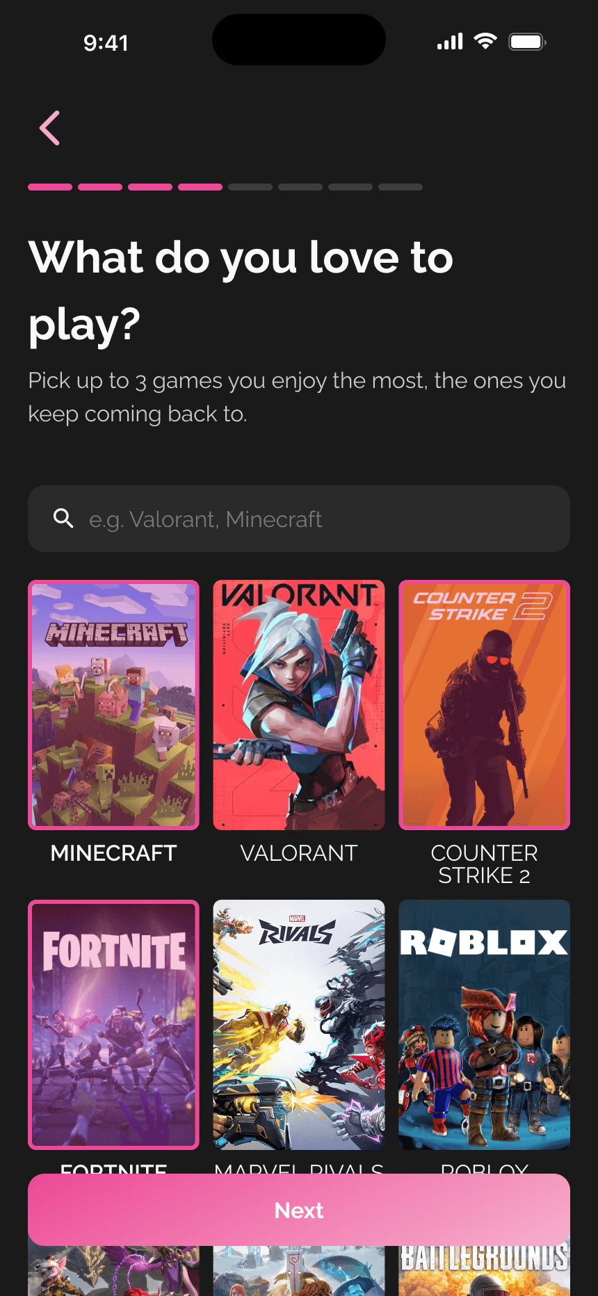 Onboarding, game selection cover art grid