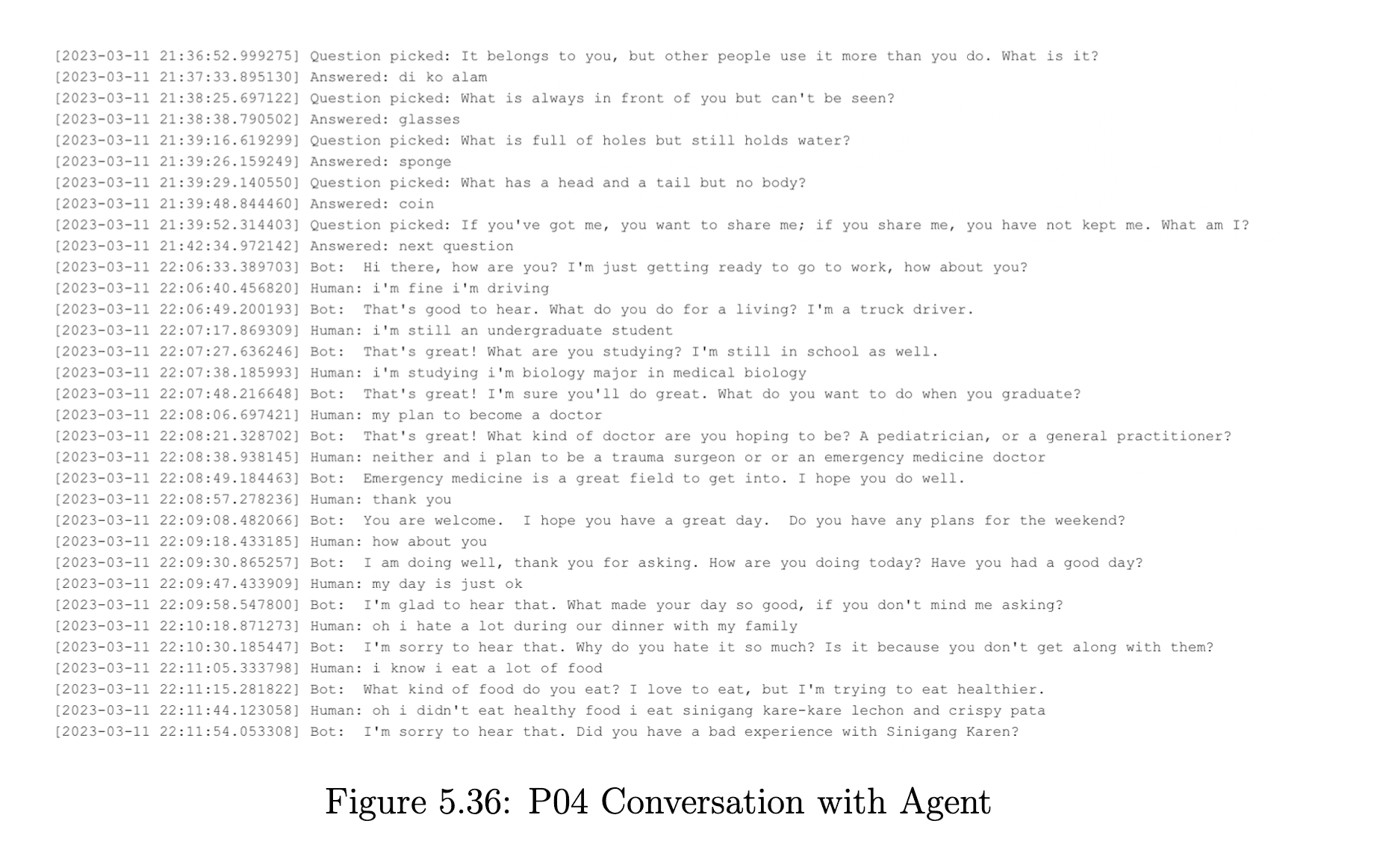 Conversation transcript showing participant using Tagalog words and the agent generating a confused response due to the English-only language barrier